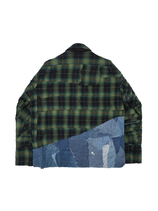 Greg Lauren Green Stitchwork Boxy Plaid Shirt