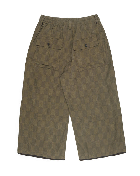 Ziggy Chen Checked Pleated Drawstring Trousers Olive