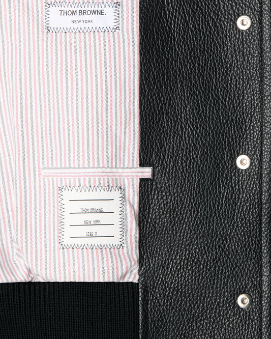 Thom Browne Leather 4-Bar Oversized Blouson Jacket Black – striped oxford lining detail