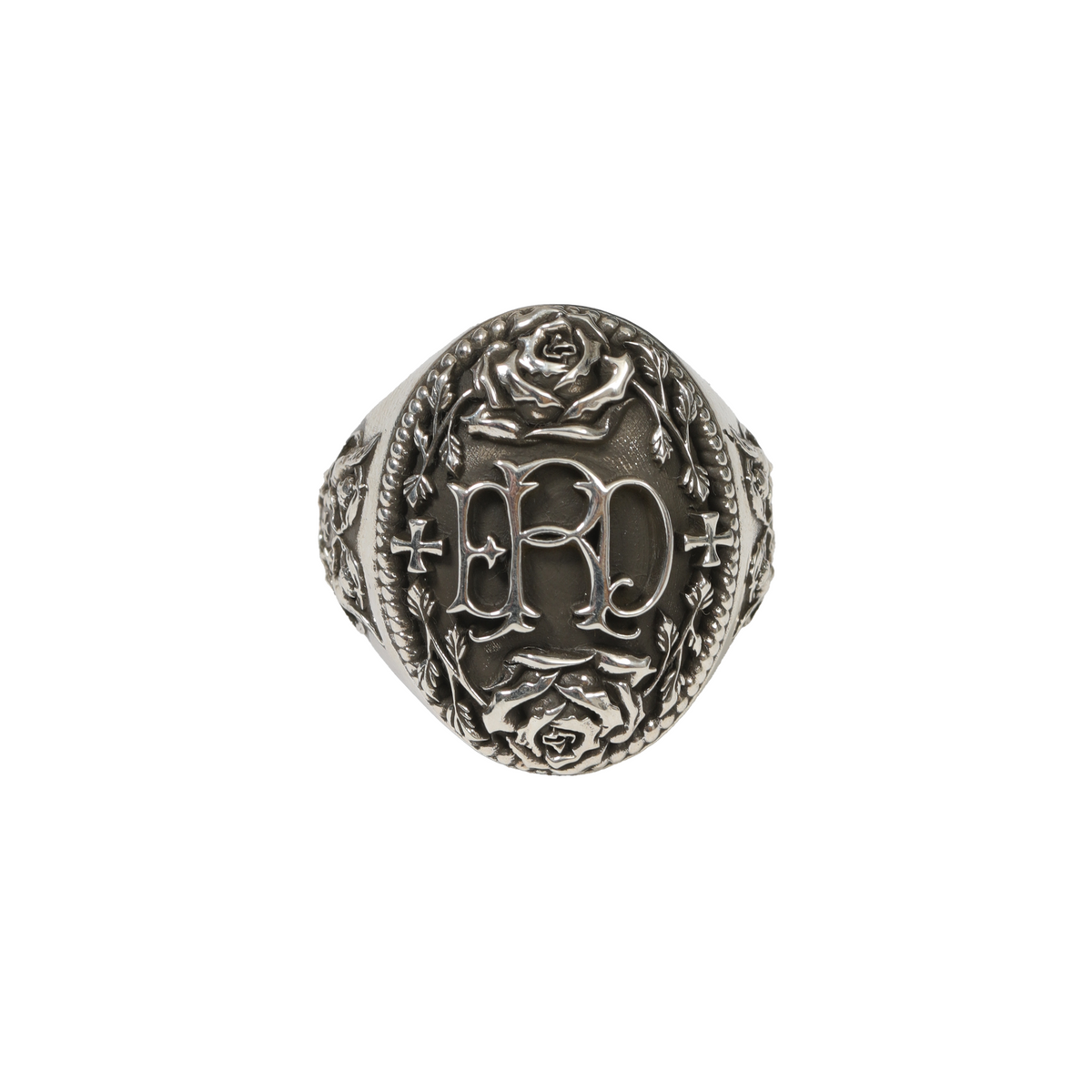 Enfants Riches Déprimés Rose And Cross Crest Ring in antiqued sterling silver