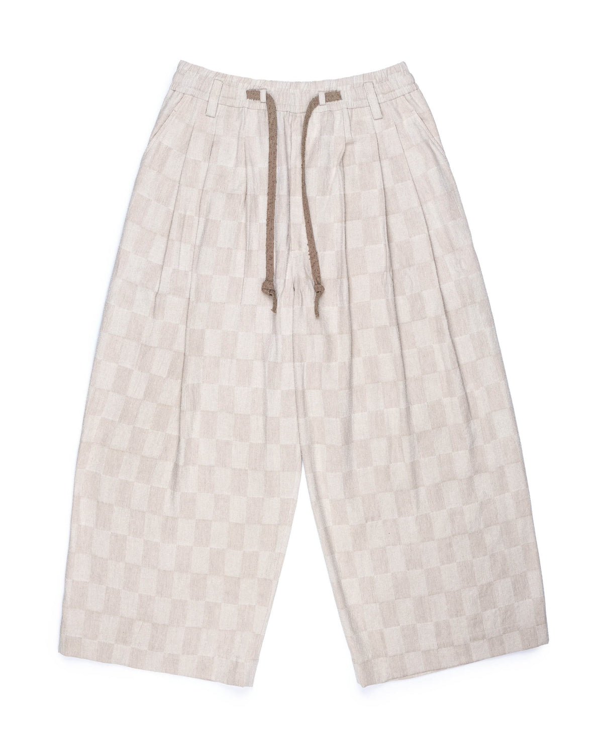 Ziggy Chen Checked Pleated Drawstring Trousers Ecru