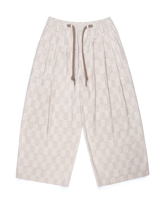 Ziggy Chen Checked Pleated Drawstring Trousers Ecru