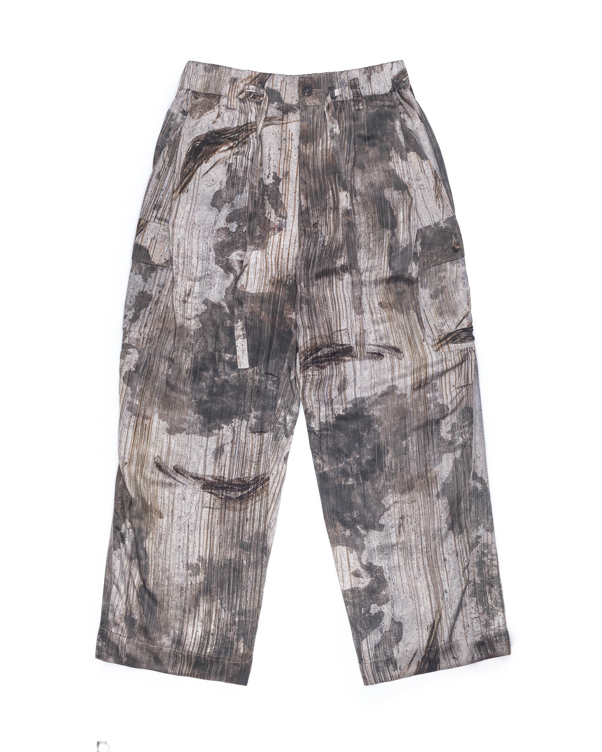 Ziggy Chen Silk Drawstring Cargo Trousers Grey Print