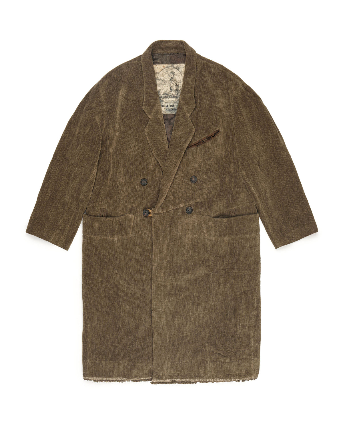 Ziggy Chen Chenille Double Breasted Long Coat Olive Brown – front