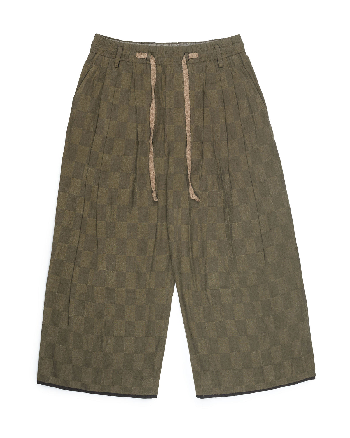 Ziggy Chen Checked Pleated Drawstring Trousers Olive