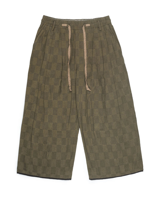 Ziggy Chen Checked Pleated Drawstring Trousers Olive