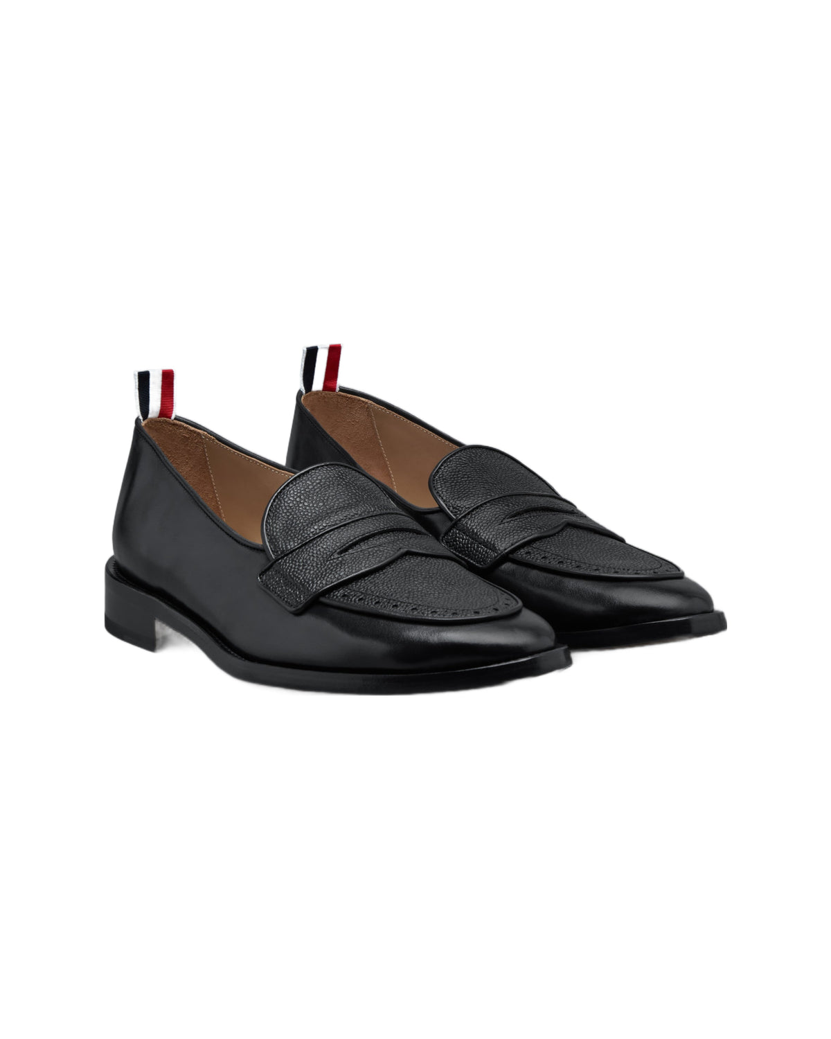 Thom Browne Vitello Leather Varsity Penny Loafers Black side view