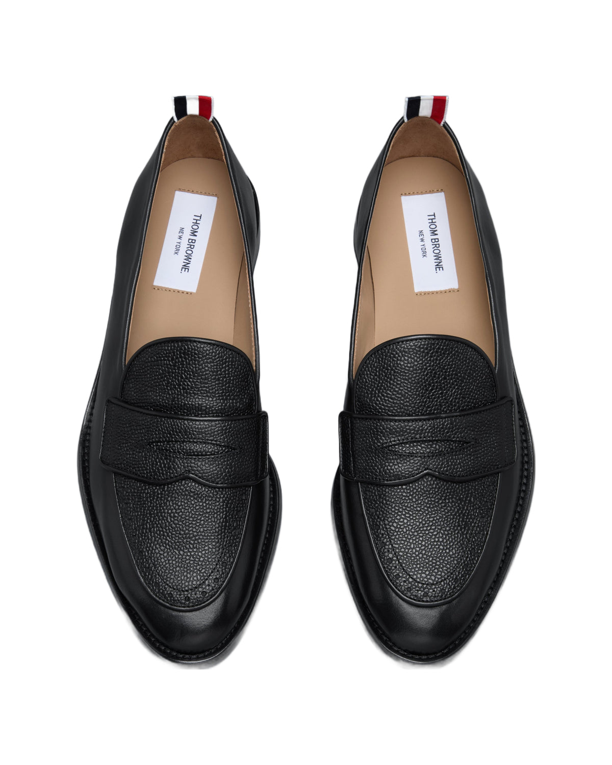 Thom Browne Vitello Leather Varsity Penny Loafers Black back with grosgrain tabs
