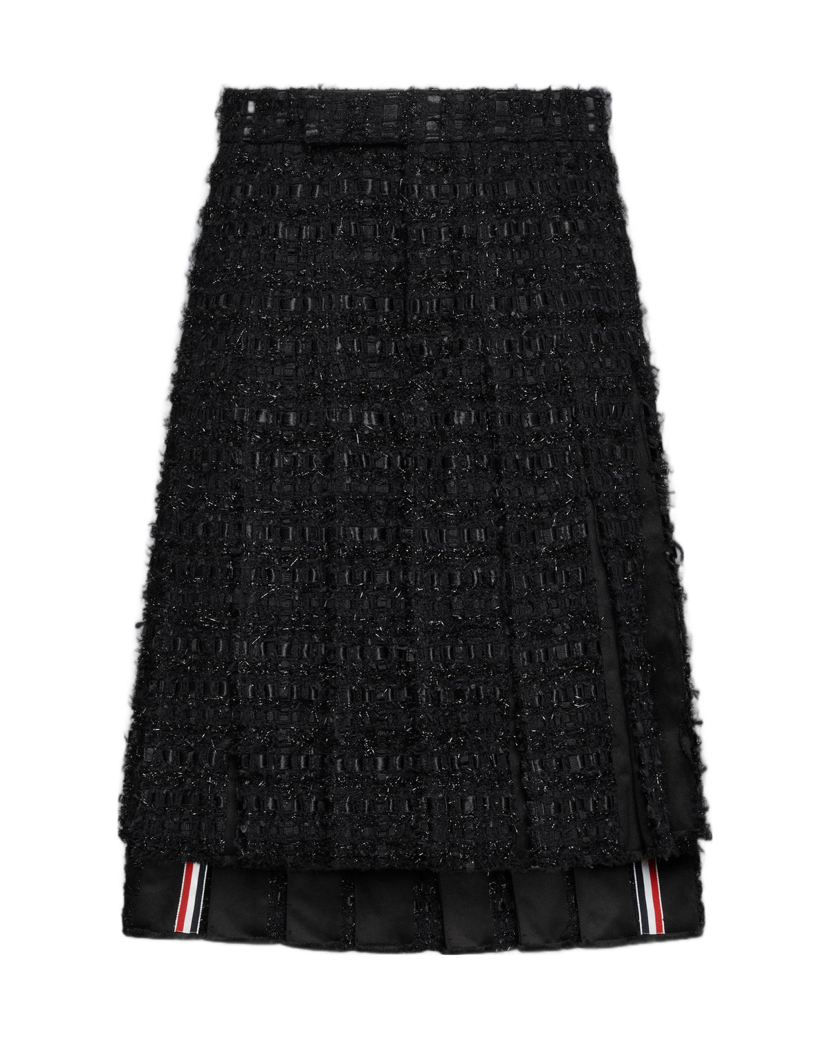Thom Browne Satin Ribbon Tweed Frayed Pleated Skirt Black