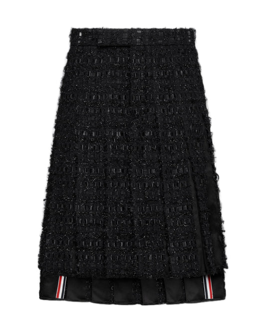 Thom Browne Satin Ribbon Tweed Frayed Pleated Skirt Black