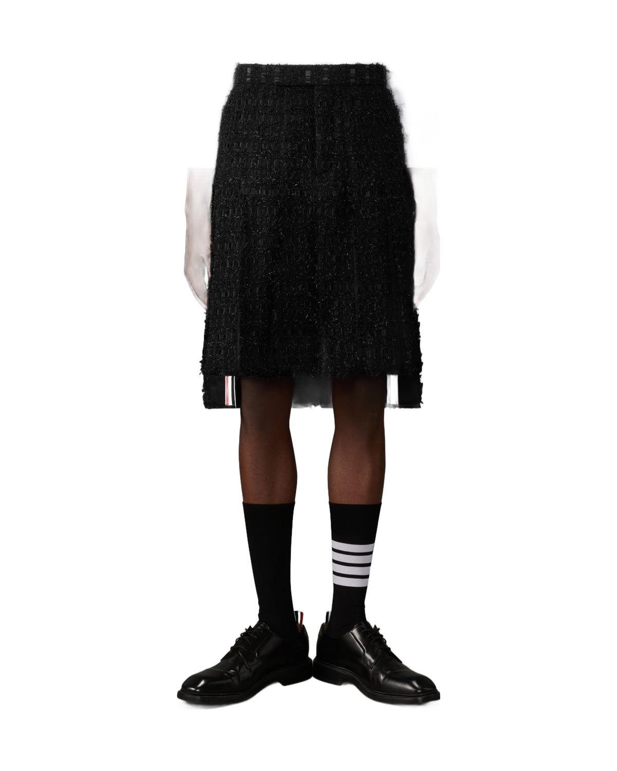 Thom Browne Satin Ribbon Tweed Frayed Pleated Skirt Black front
