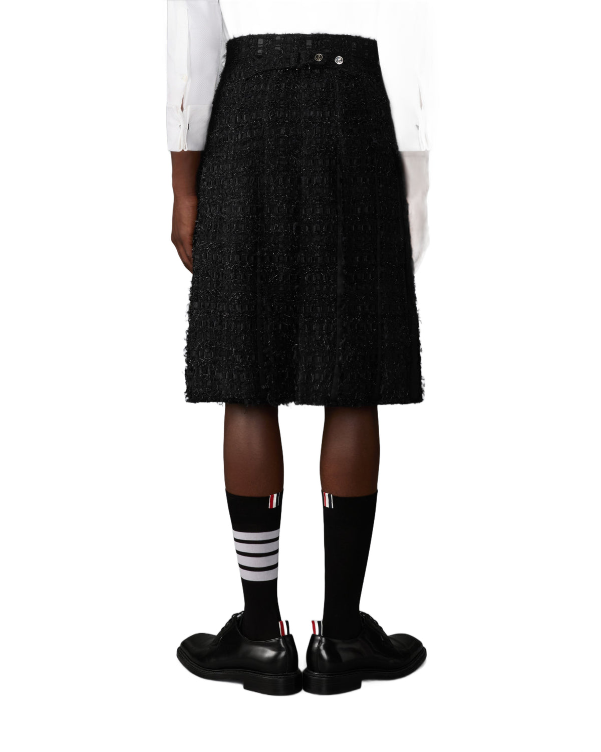 Thom Browne Satin Ribbon Tweed Frayed Pleated Skirt Black back