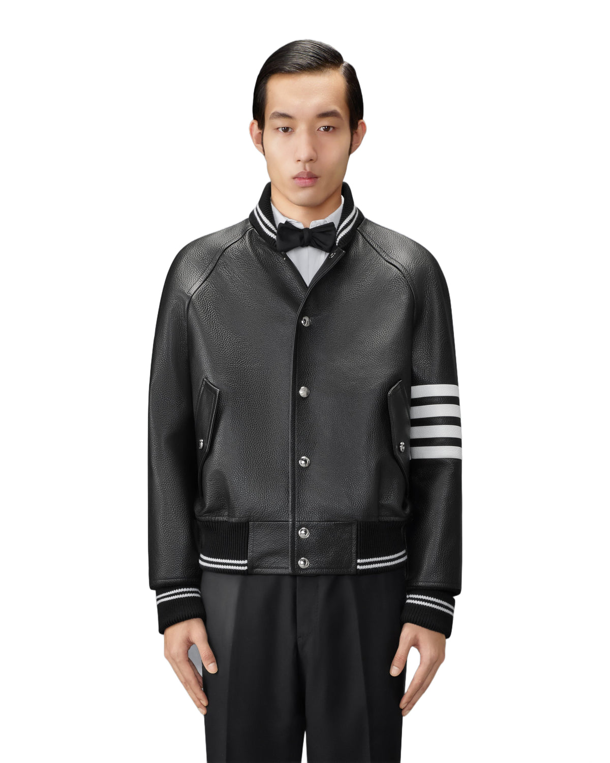 Thom Browne Leather 4-Bar Oversized Blouson Jacket Black – front