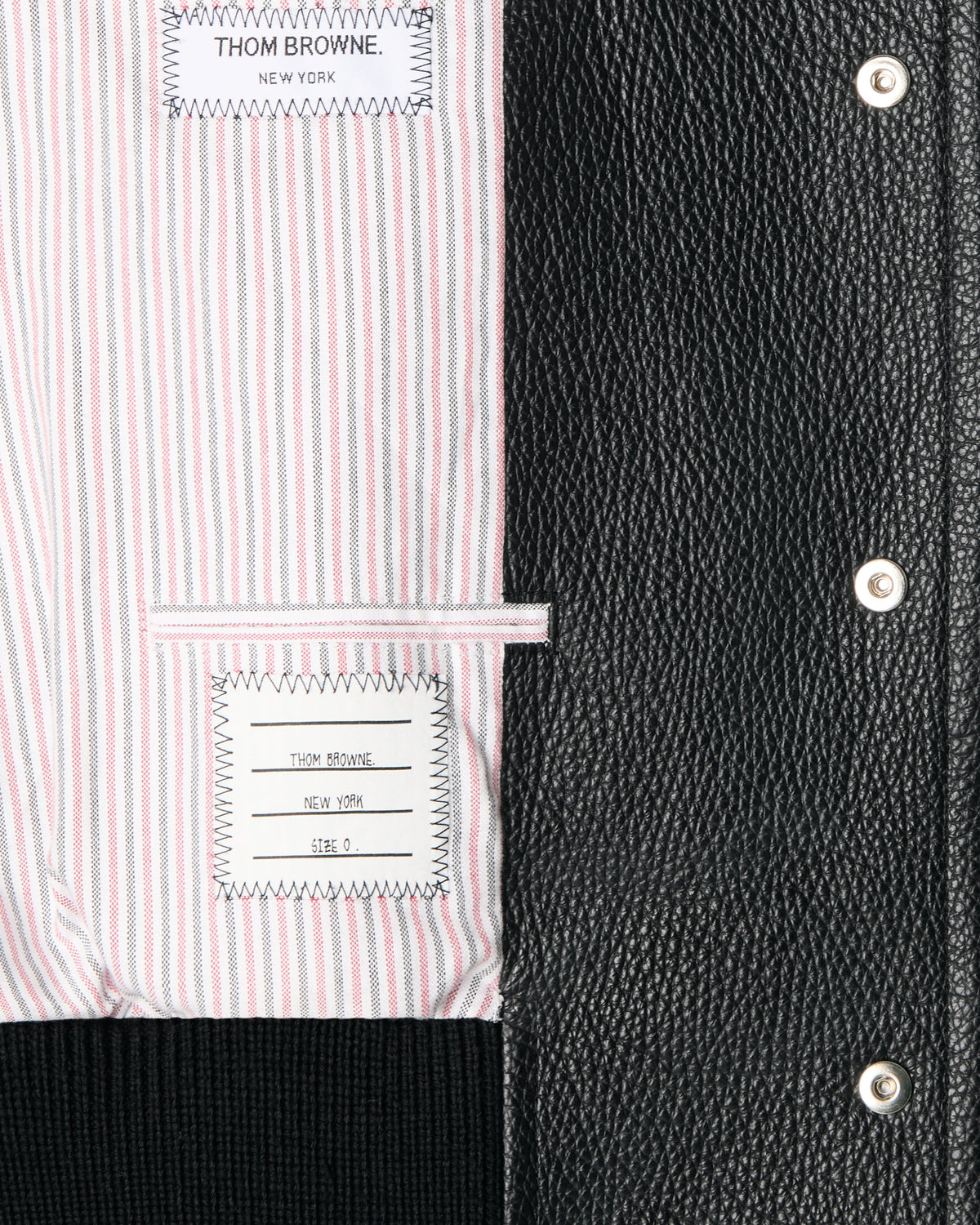 Thom Browne Leather 4-Bar Oversized Blouson Jacket Black – striped oxford lining detail