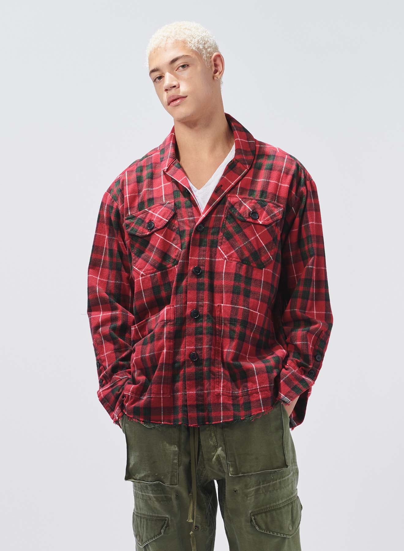 Greg Lauren Red Plaid Shawl Boxy Shirt